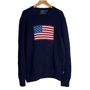 Polo Ralph Lauren Cotton Navy Iconic USA Flag Crewneck Sweater